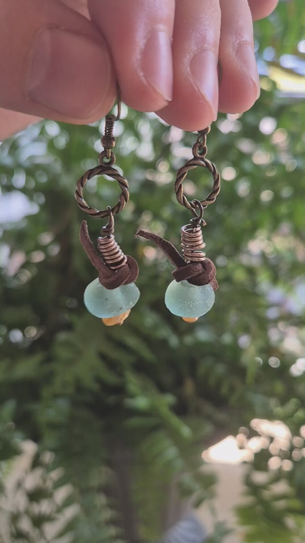 Amber & Teal Beach Glass Dangle Boho Earrings