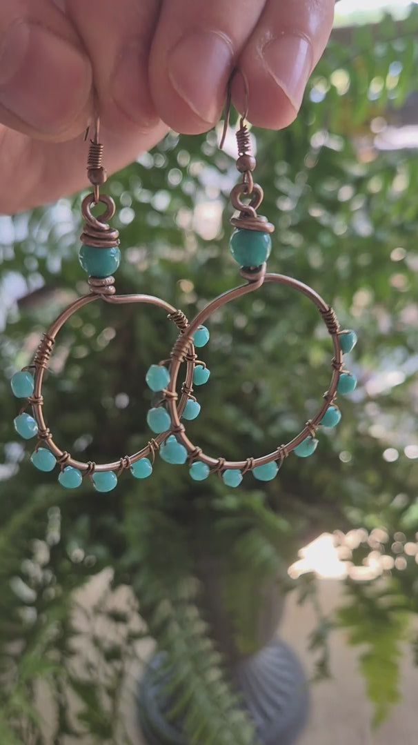 Turquoise Wire Wrapped Hoop Boho Earrings