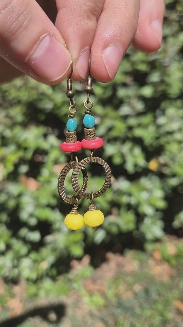 Turquoise, Raspberry & Yellow Fruit Bowl Dangle Boho Earrings