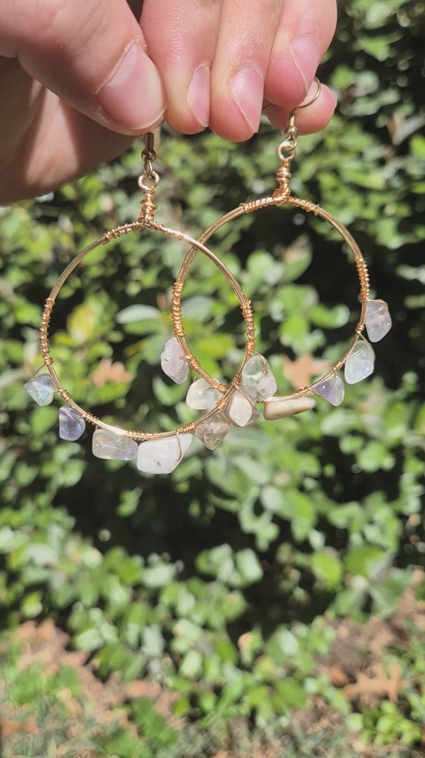 White & Pink Fluorite Gold Wire Wrapped Hoop Boho Earrings