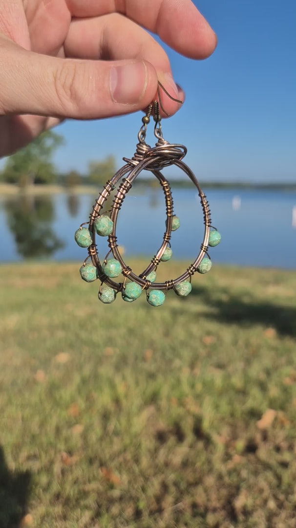 African Turquoise Jasper Wire Wrapped Marine Hoop Boho Earrings