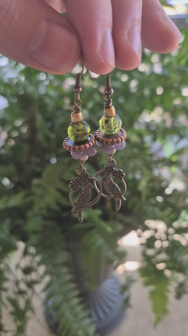 Emerald Green & Lavender Hawaii Bird Dangle Boho Earrings