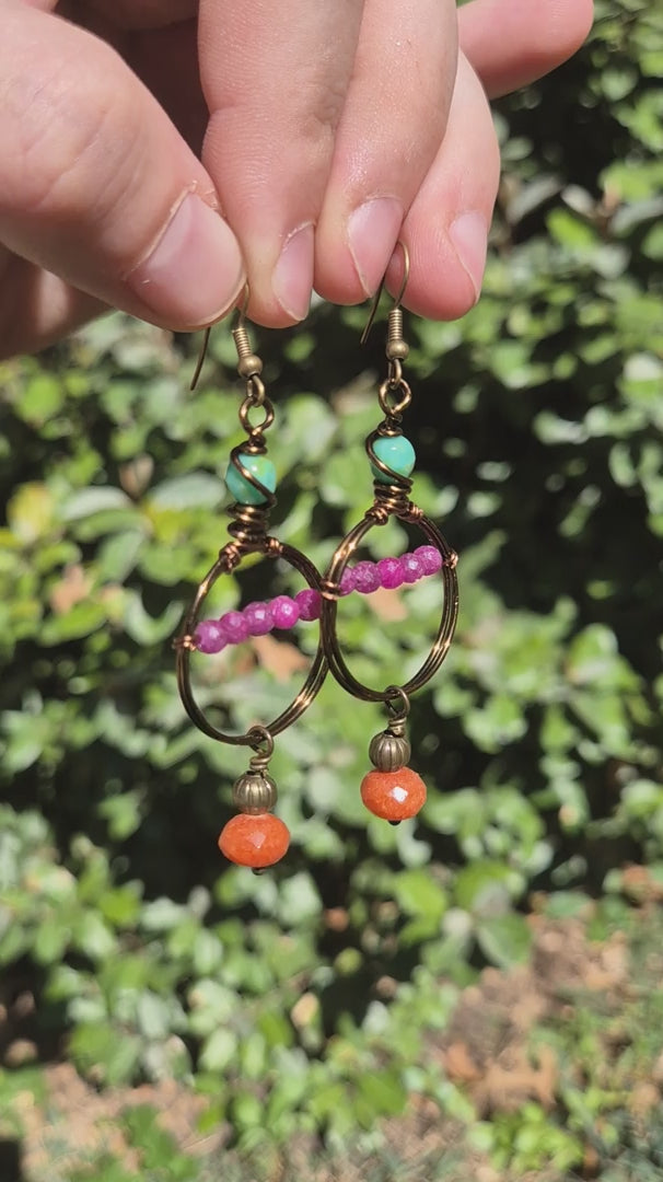 Red Ruby & Orange Jasper Beaded Boho Swing Dangle Earrings