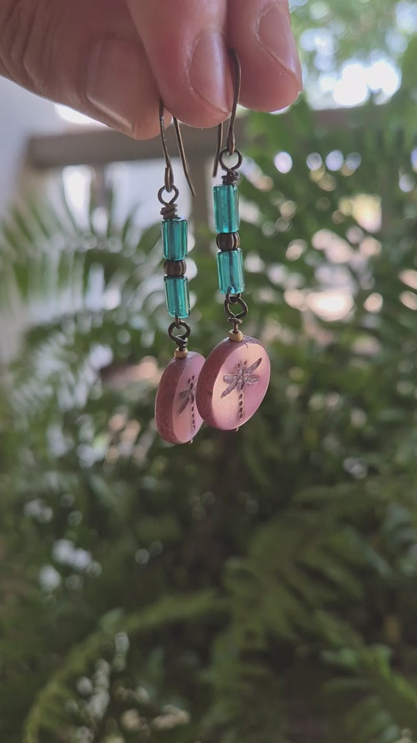 Teal & Lavender Dragonfly Dangle Boho Earrings
