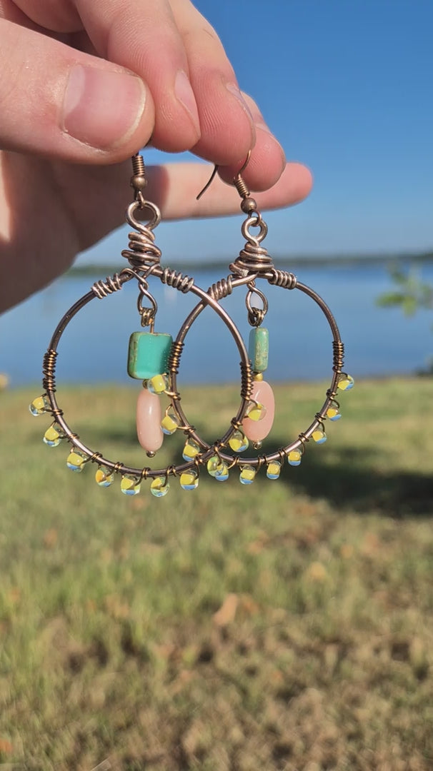Pink Jade Beaded Wire Wrapped Sylvester Hoop Boho Earrings