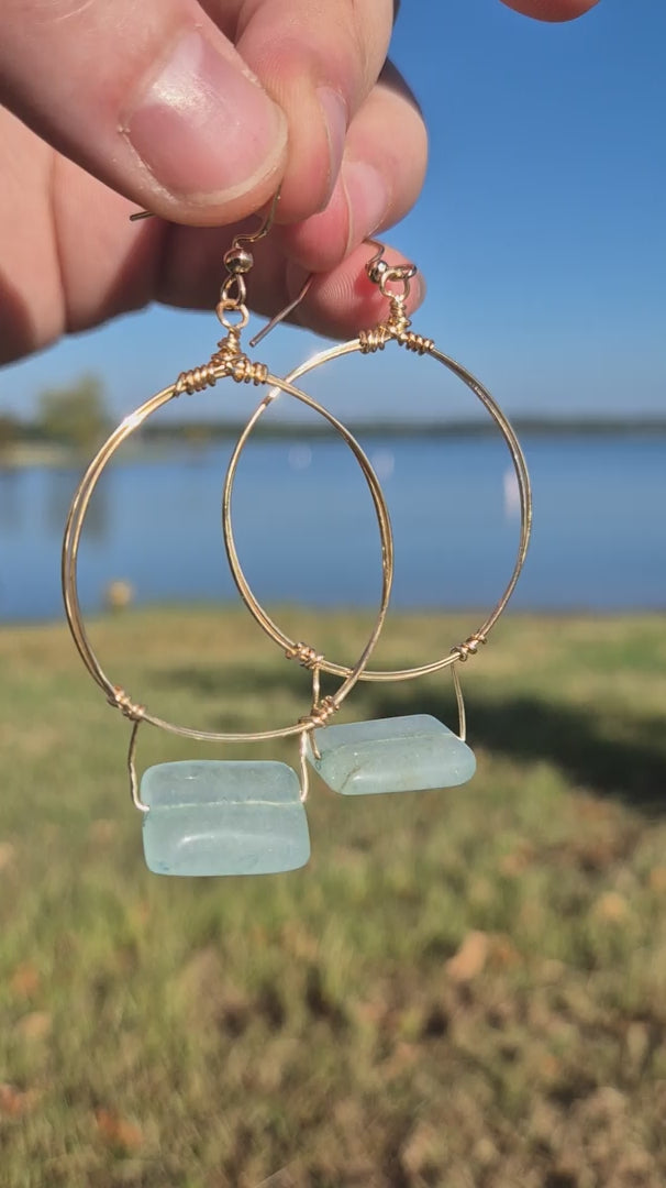Aquamarine & Gold Wire Wrapped Small Hoop Boho Earrings
