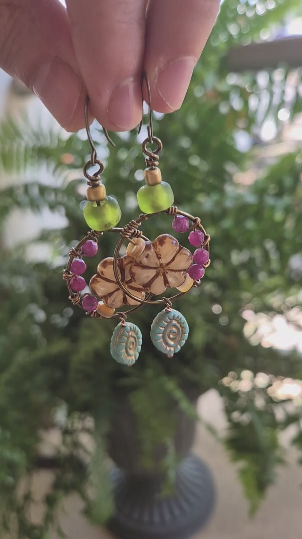 Red Ruby & Green African Glass Hydrangea Boho Dangle Earrings