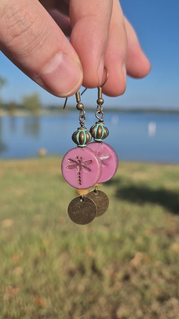 Turquoise & Mauve Dragonfly Dangle Boho Earrings