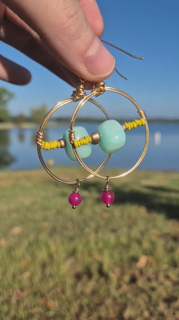 Amazonite & Cranberry Wire Wrapped Gold Hoop Boho Earrings