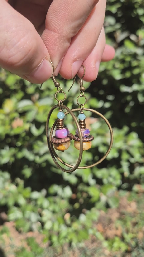 Amber & Lavender Wire Wrapped Apple Pie Hoop Boho Earrings