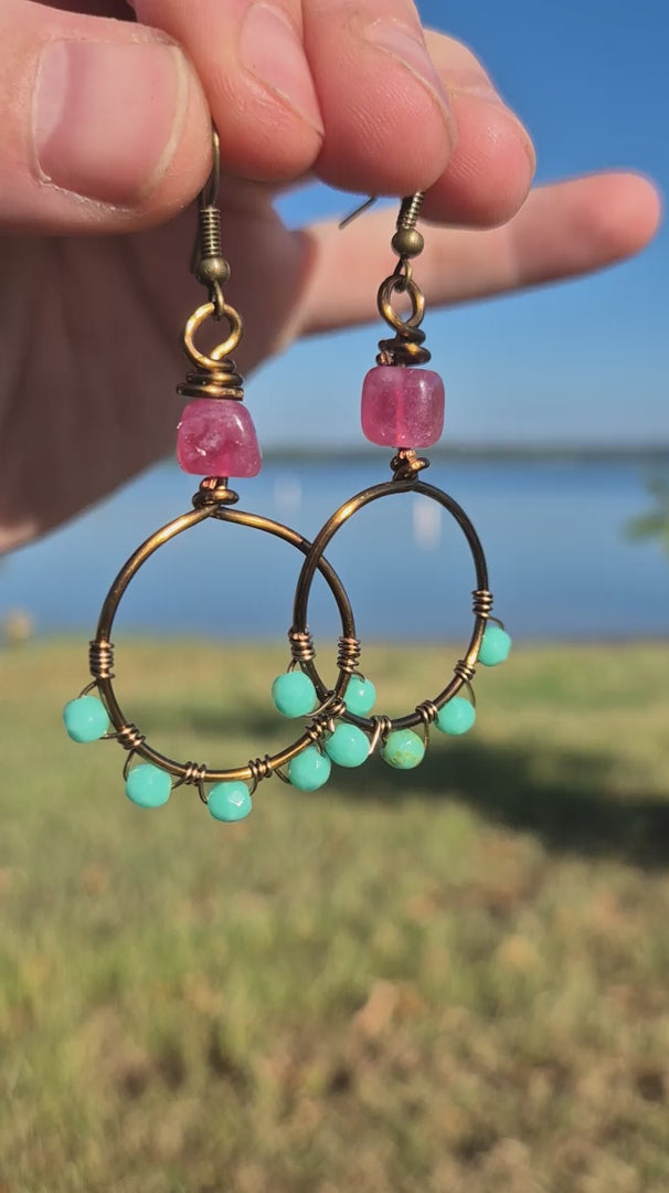 Quartz & Turquoise Wire Wrapped Cherry Hoop Boho Earrings