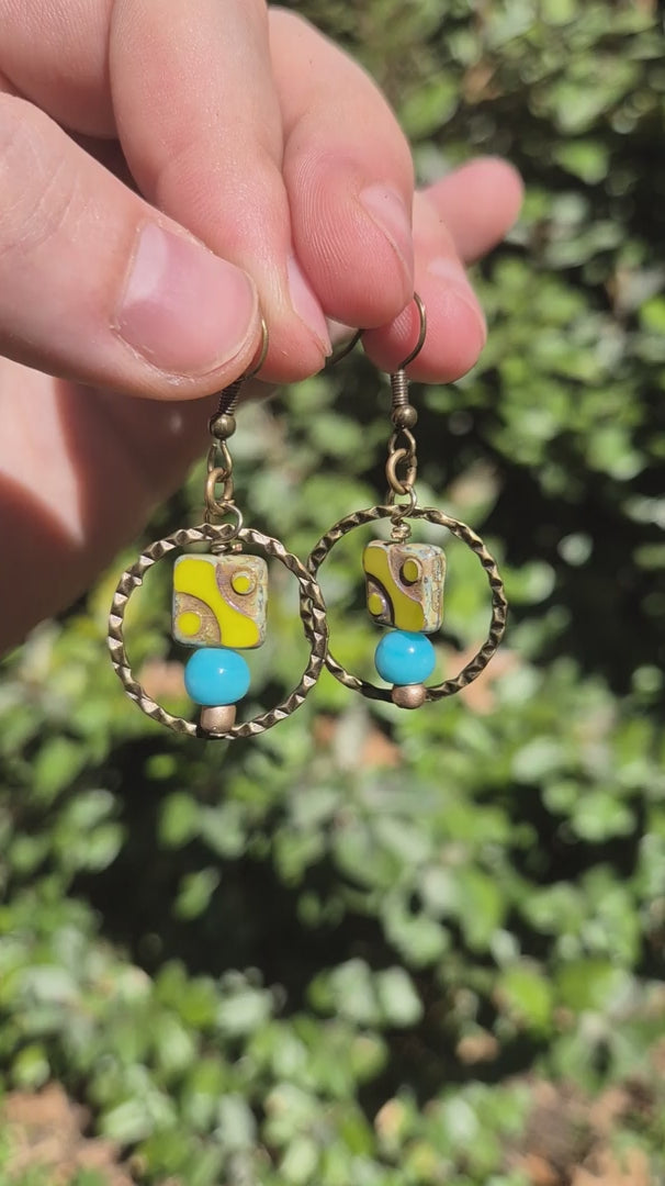 Olive Czech Glass & Turquoise Candy Hoop Boho Earrings