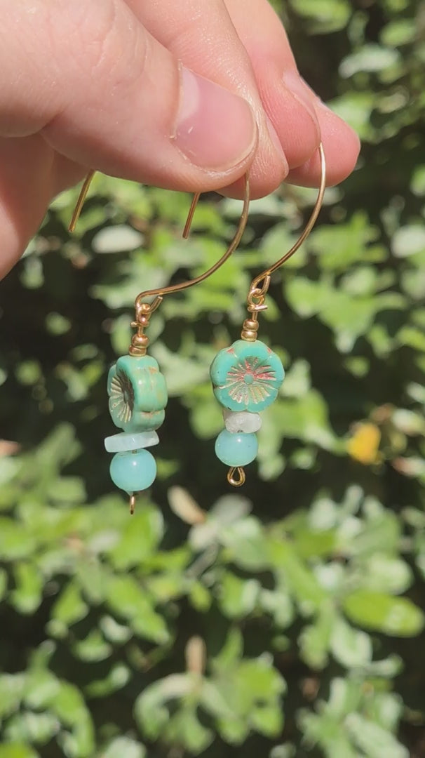 Turquoise & Aquamarine Ocean Blue Flower Hoop Boho Earrings