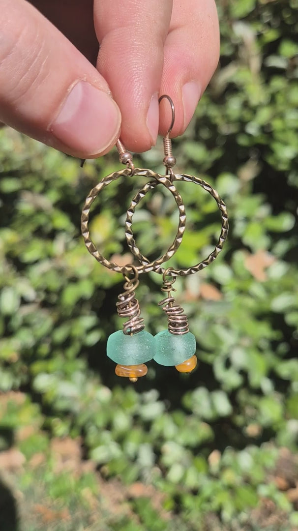 Aquamarine & Amber Ocean Glass Dangle Boho Earrings