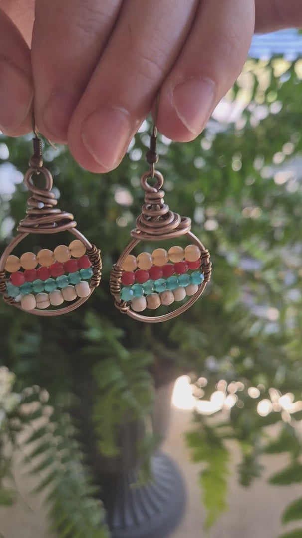 Turquoise & Red Agate Beaded Boho Hoop Earrings