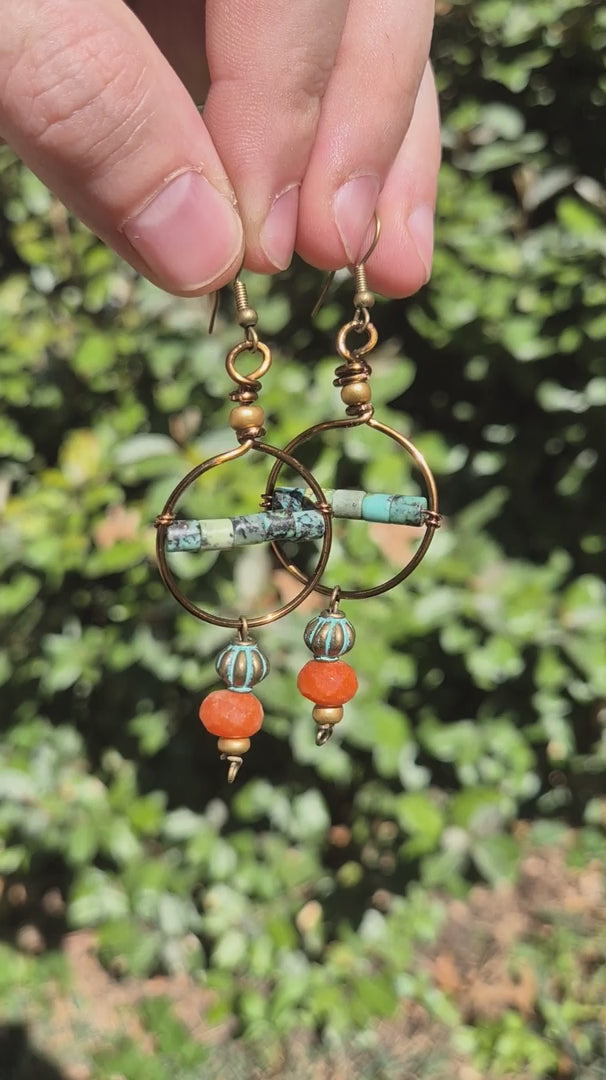 Turquoise & Orange Jasper Beaded Boho Moon Dangle Earrings