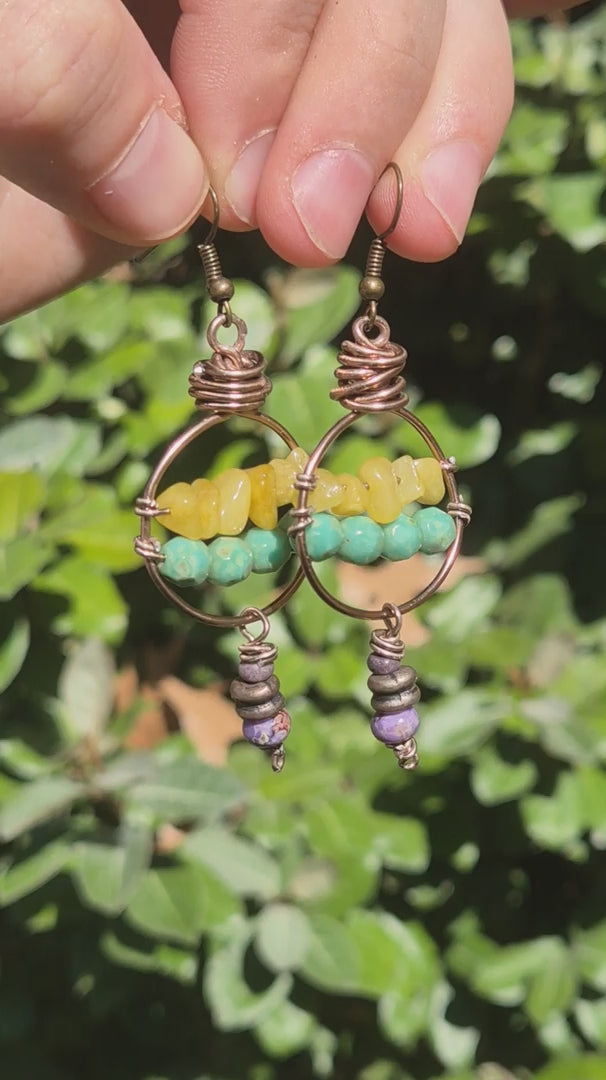 Lavender Jasper & Lime Jade Wire Wrapped Hoop Boho Earrings