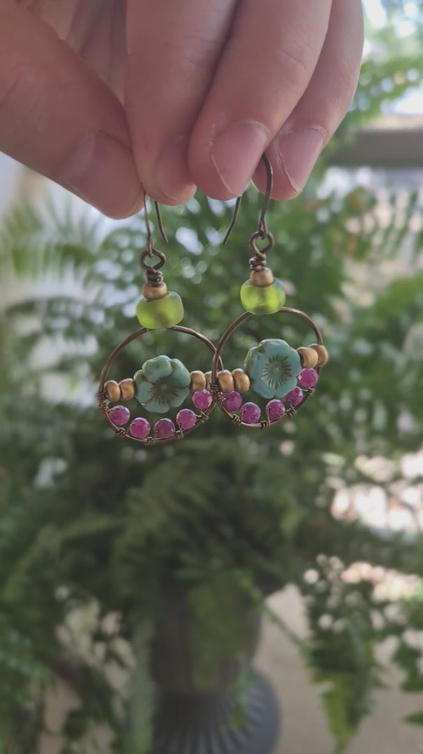 Red Ruby & Turquoise Czech Beaded Leoni Boho Hoop Earrings