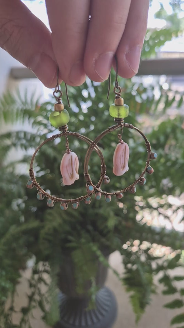 Turquoise Copper Wired Tulip Short Neck Boho Hoop Earrings