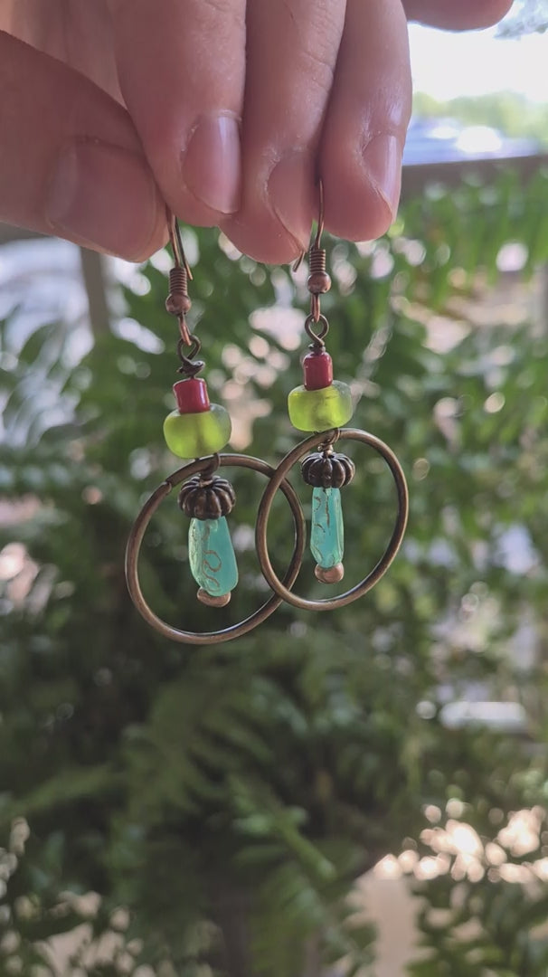 Teal & Emerald Green Fiesta Hoop Boho Earrings