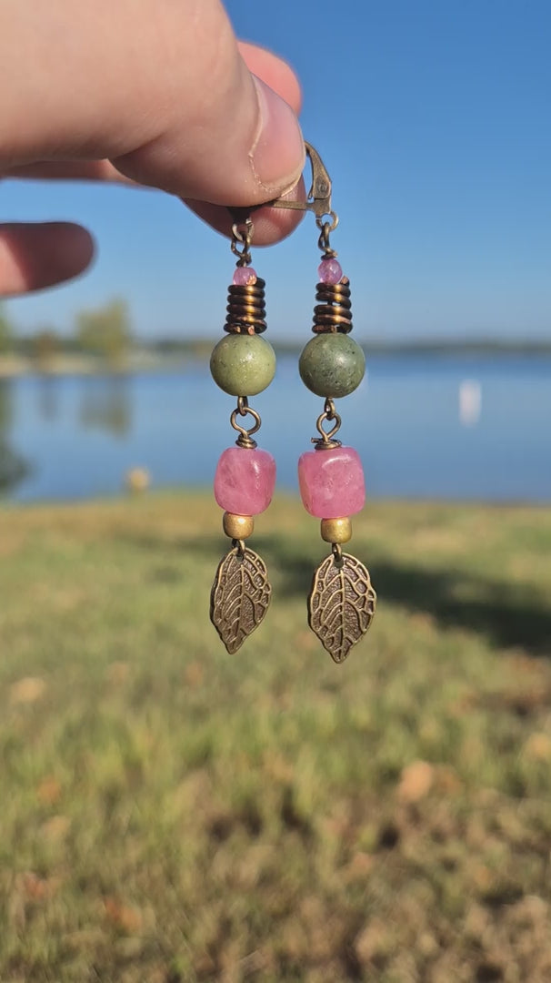 Strawberry Quartz & Green Jade Dangle Boho Earrings