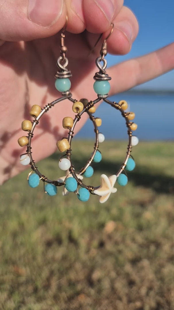 Turquoise & Maple Wire Wrapped Starfish Hoop Boho Earrings