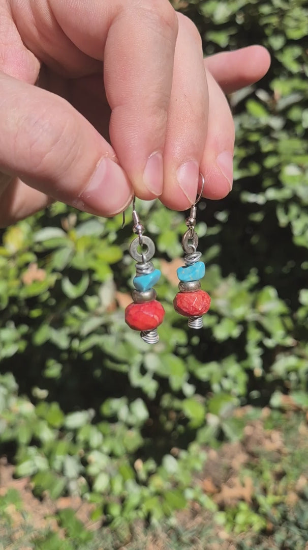 Turquoise Howlite & Red Jasper Beaded Boho Silver Dangle Earrings