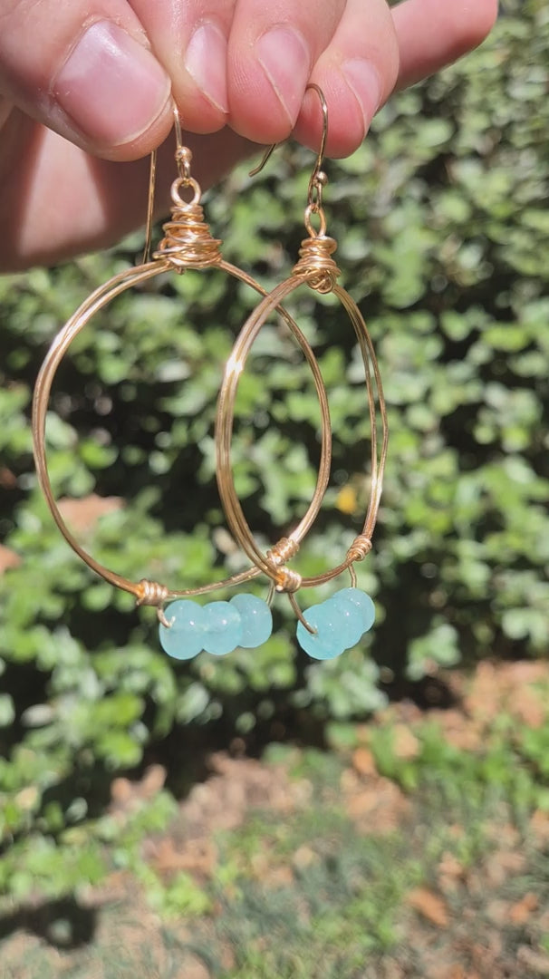 Aquamarine & Gold Wire Wrapped Luci Small Hoop Boho Earrings