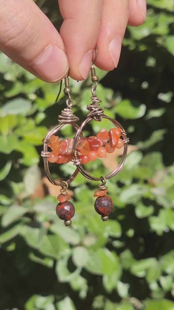 Carnelian & Amber Wire Wrapped Cherry Hoop Boho Earrings