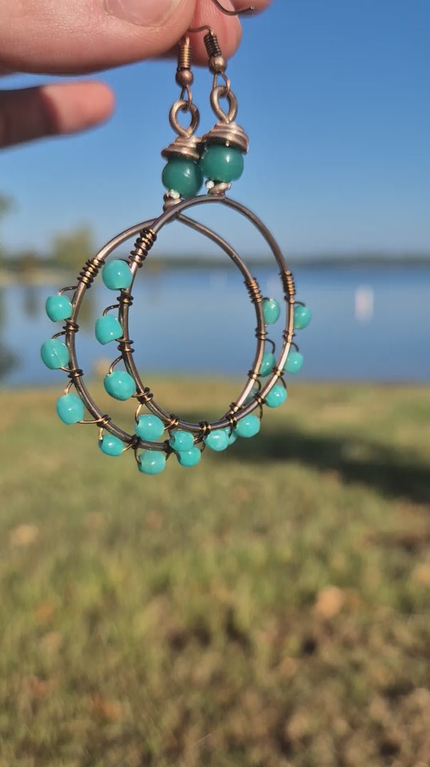 Turquoise & Teal Wire Wrapped LoLa Hoop Boho Earrings