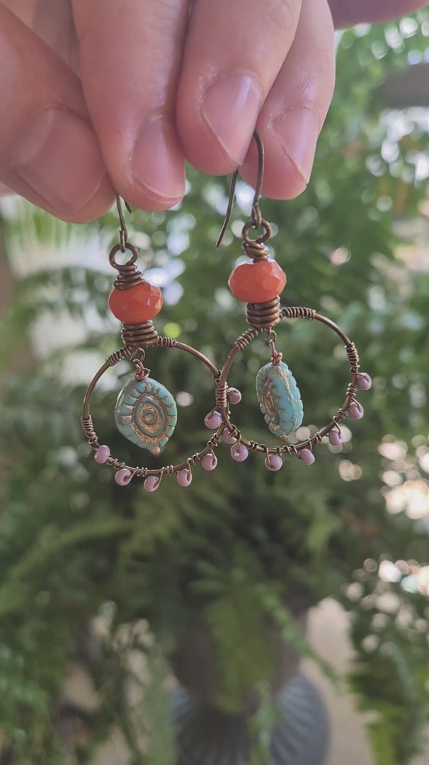 Lavender & Turquoise Beaded Lagoon Boho Hoop Earrings