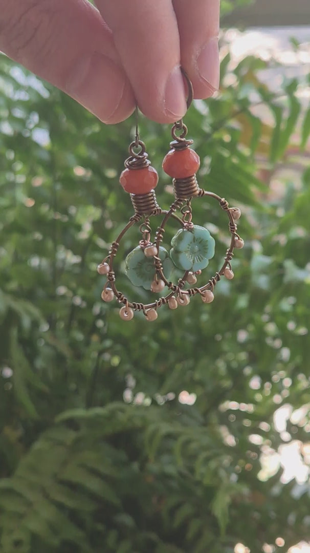 Orange Agate & Turquoise Czech Beaded Brooklyn Boho Hoop Earrings