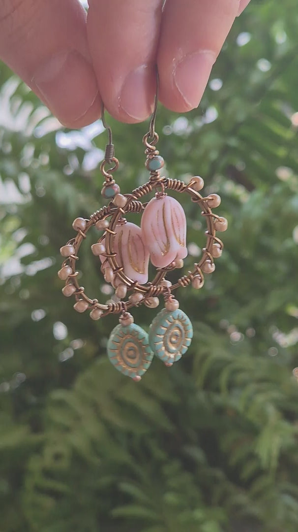 Pink & Gold Czech Beaded Vintage Treasure Boho Hoop Earrings
