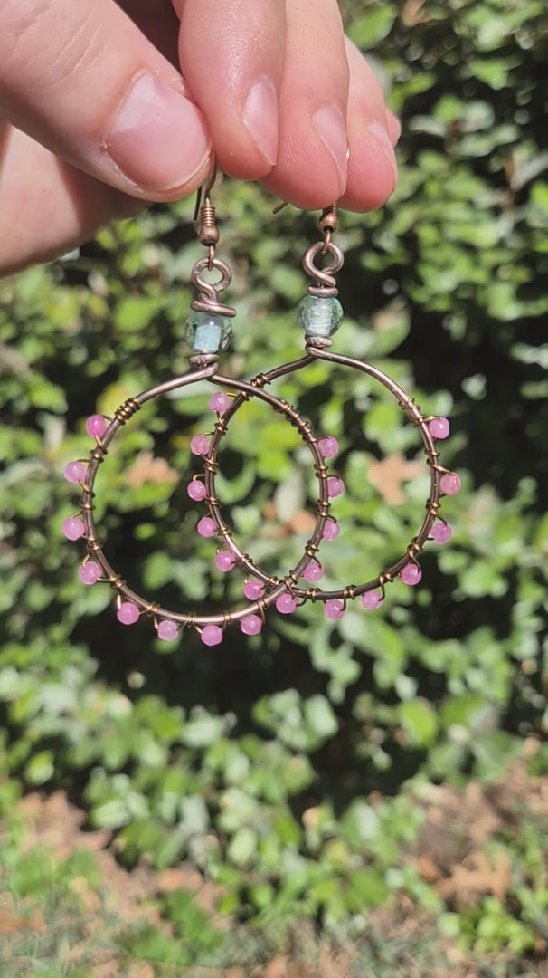 Pink Jade & Light Blue Wire Wrapped Hoop Boho Earrings