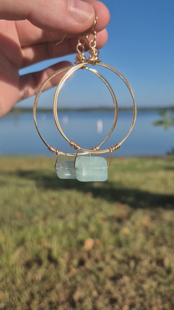 Aquamarine & Gold Wire Wrapped Large Hoop Boho Earrings