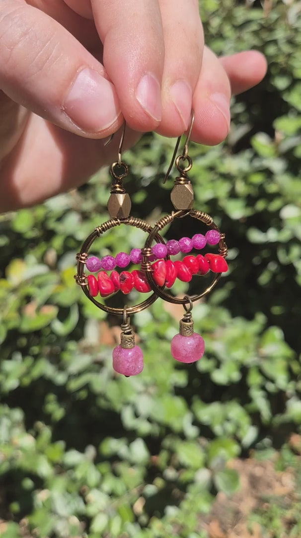 Red Ruby & Strawberry Quartz Night Sky Boho Dangle Earrings