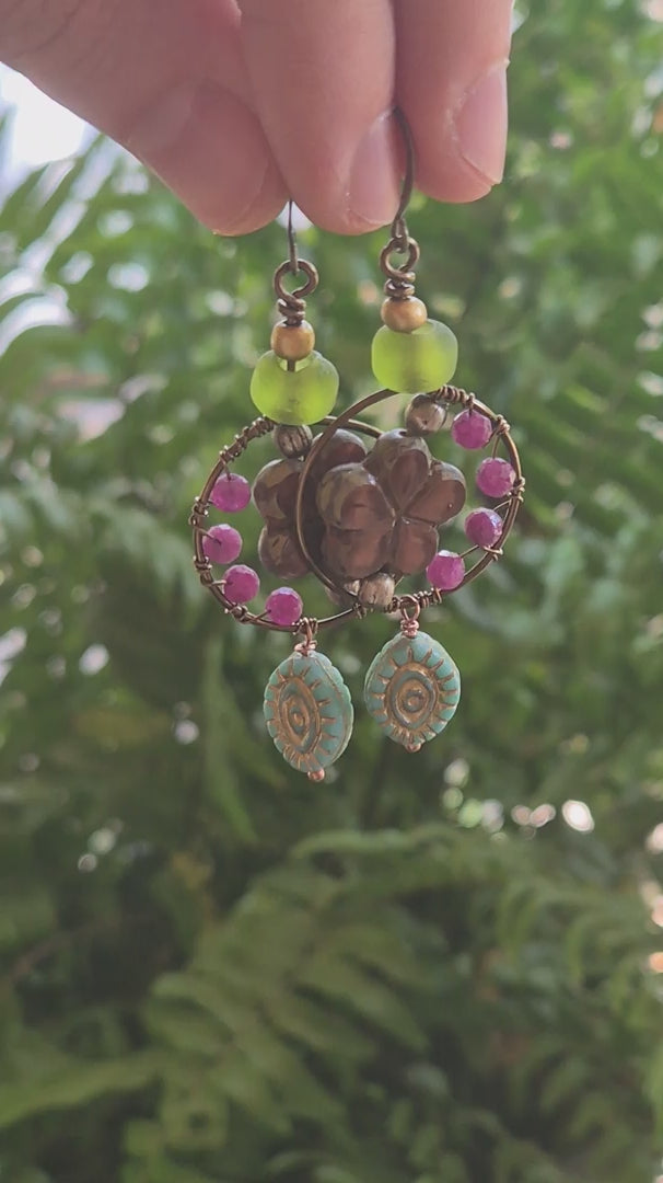 Red Ruby & Turquoise Beaded Hydrangea Boho Dangle Earrings