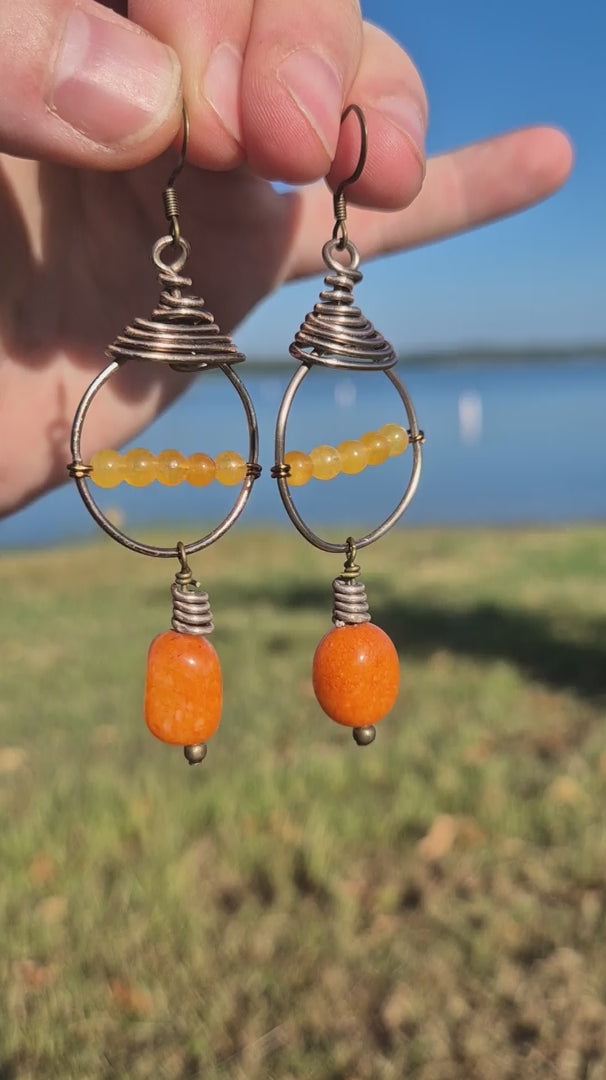 Orange Agate Wire Wrapped Kasper Dangle Boho Earrings