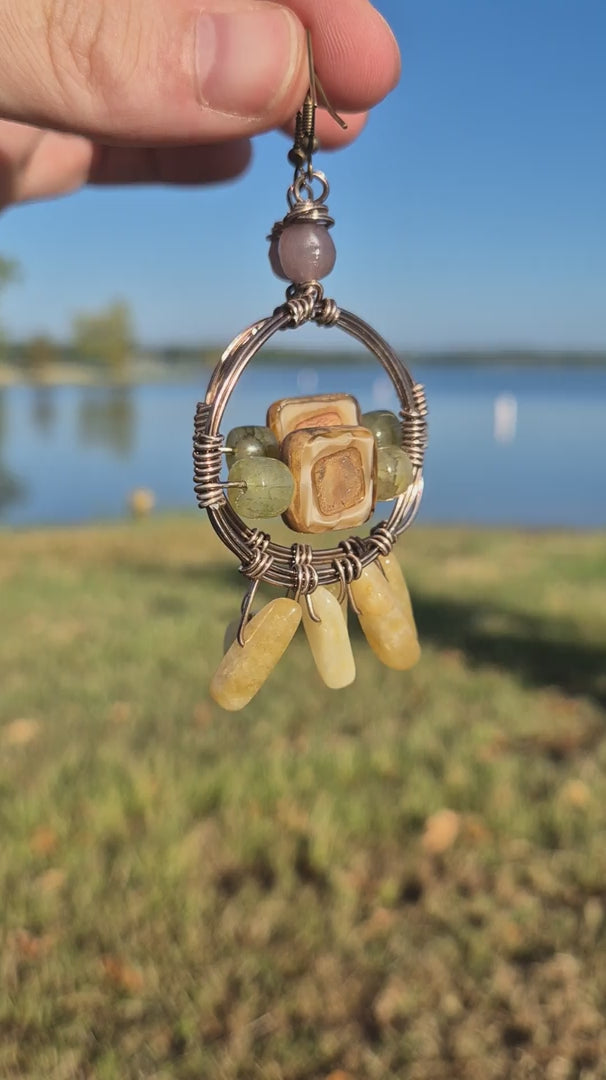 Green Agate & Lavender Dream Catcher Hoop Earrings