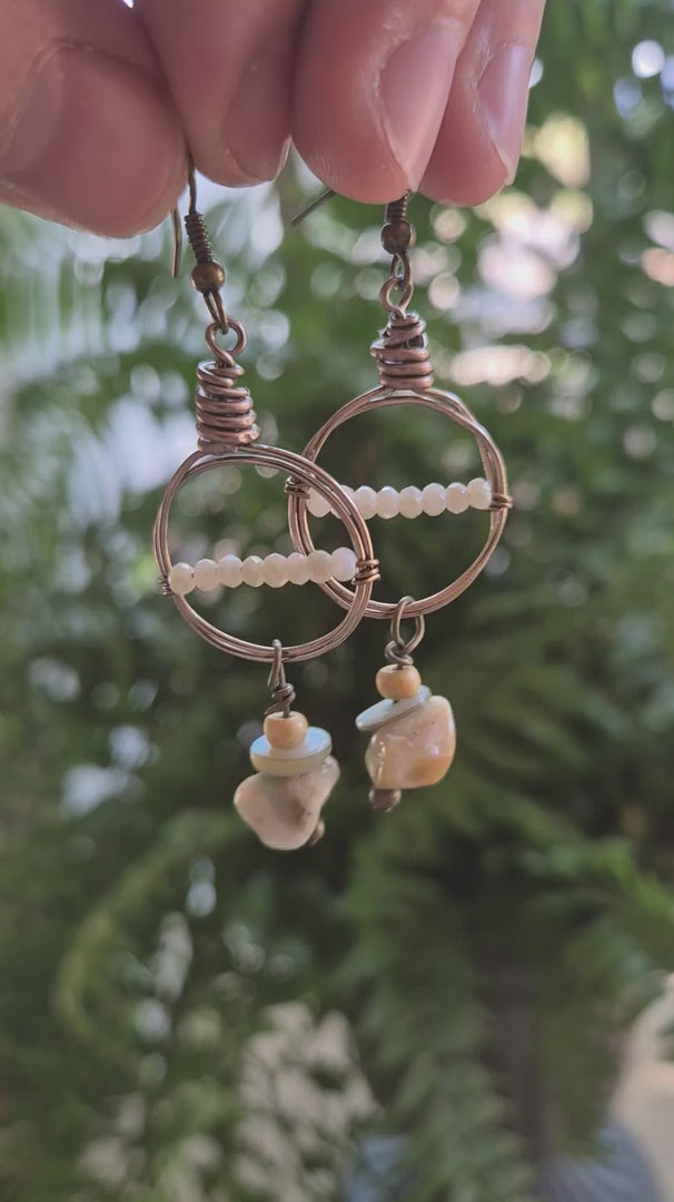 White & Beige Wire Wrapped Charming Boho Dangle Earrings