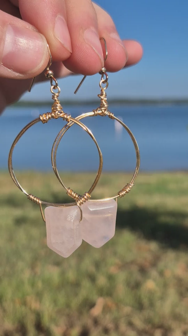 Rose Quartz & Gold Wire Wrapped Hoop Boho Earrings