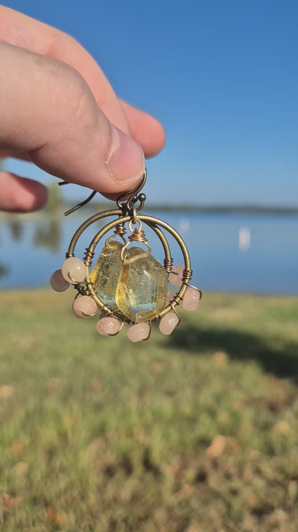 Citrine & Rose Wire Wrapped Honeydrop Hoop Boho Earrings