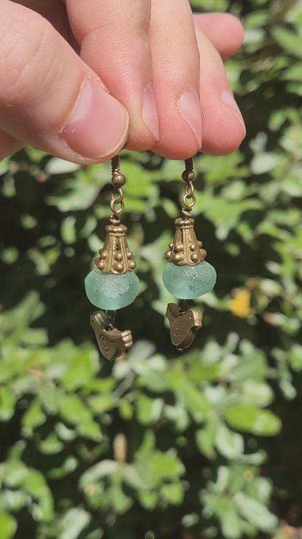 Teal & Brass Beach Bird Dangle Boho Earrings