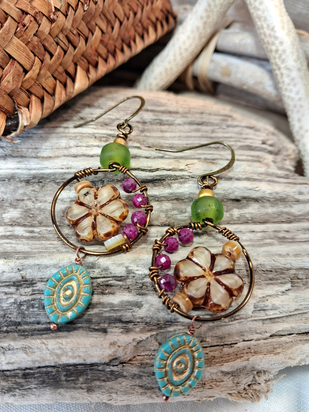 Red ruby, green African glass, and copper wire dangle earrings handmade by Melly