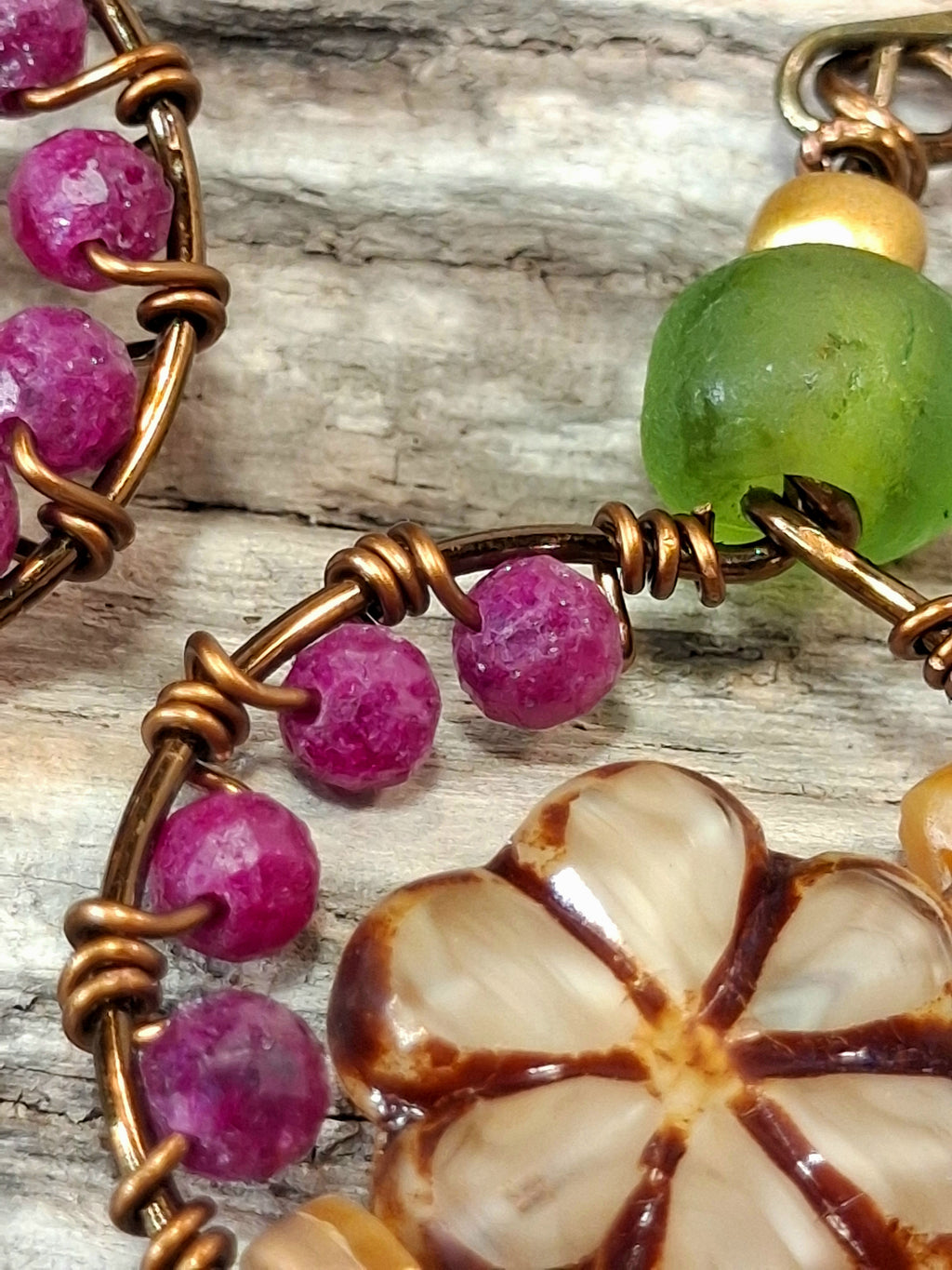 Red Ruby & Green African Glass Hydrangea Boho Dangle Earrings