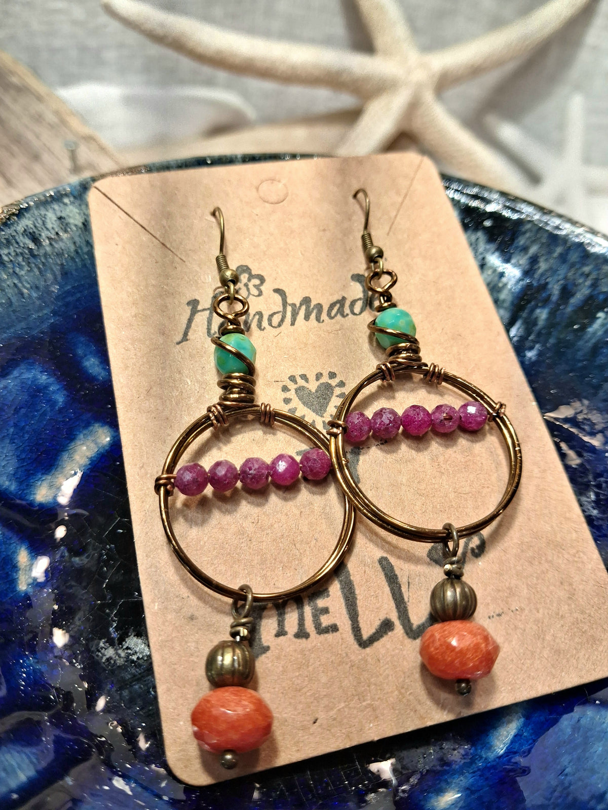 Red ruby, orange jasper, and copper wire dangle earrings handmade by Melly