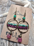 Red ruby, turquoise jasper and copper wire-wrapped dangle earrings handmade by Melly