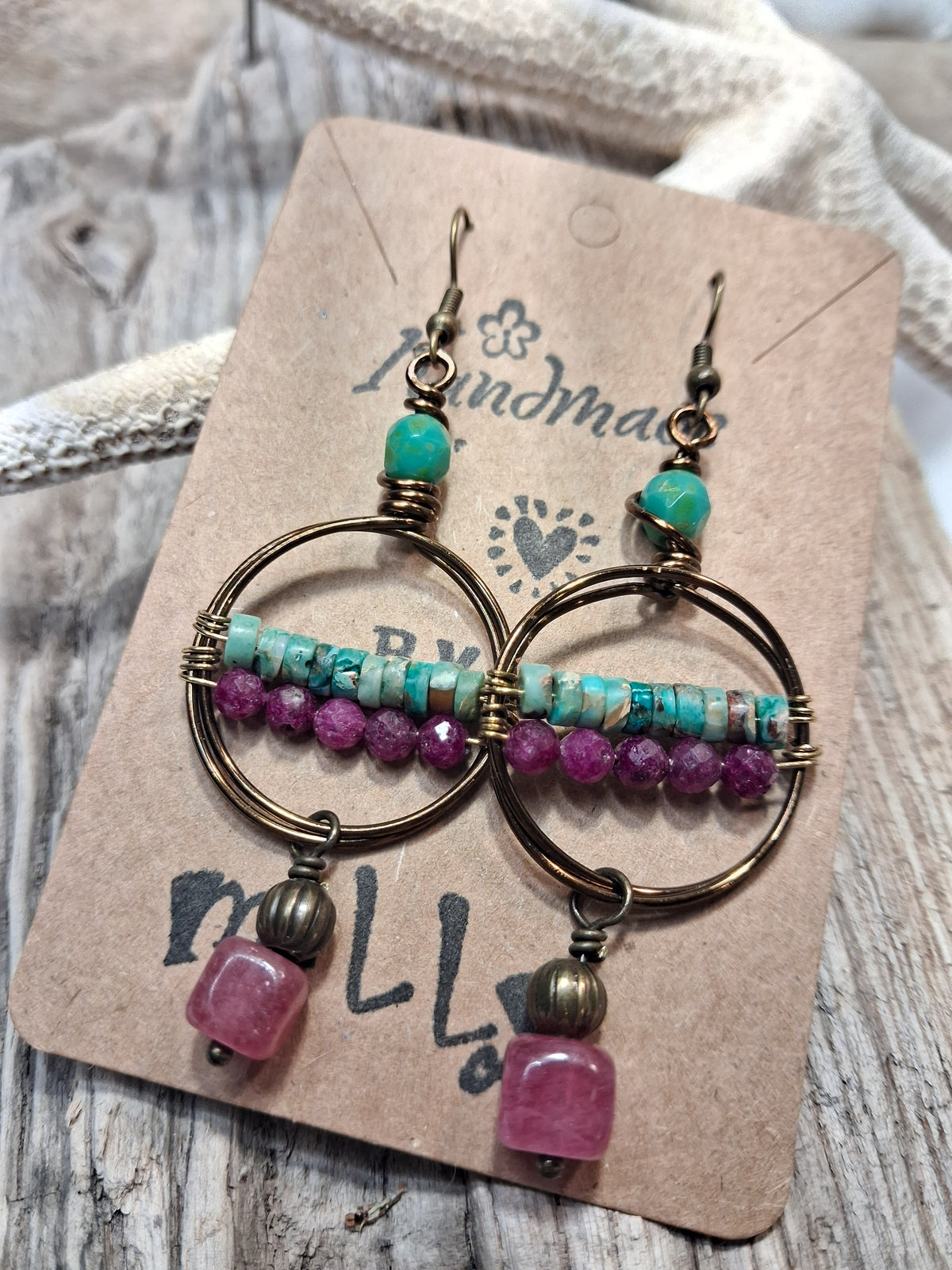 Red ruby, turquoise jasper and copper wire-wrapped dangle earrings handmade by Melly
