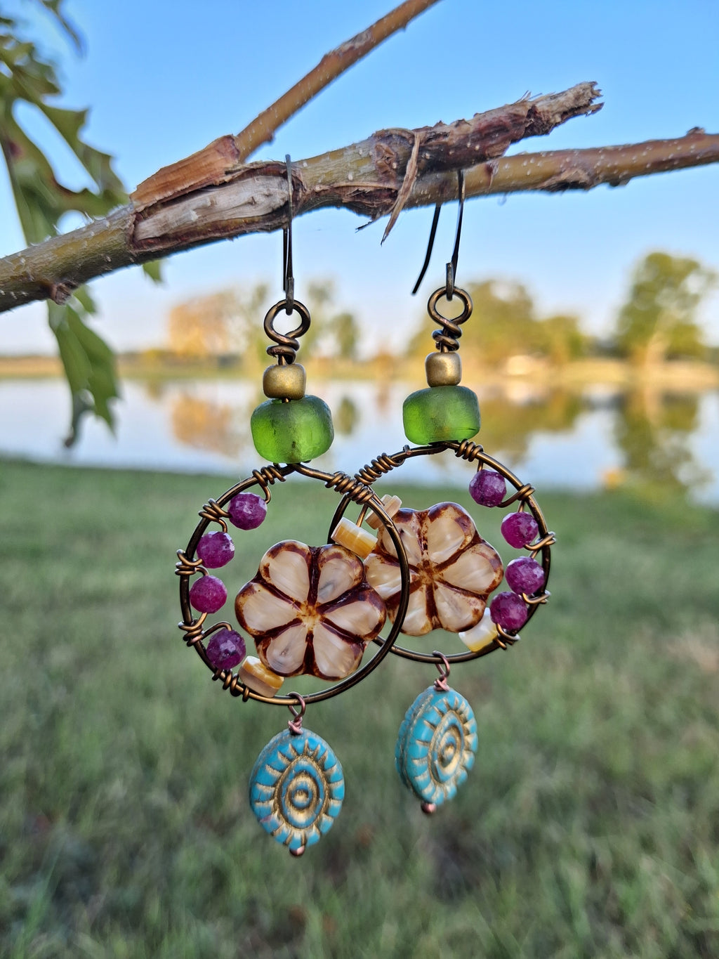 Red Ruby & Turquoise Beaded Hydrangea Boho Dangle Earrings
