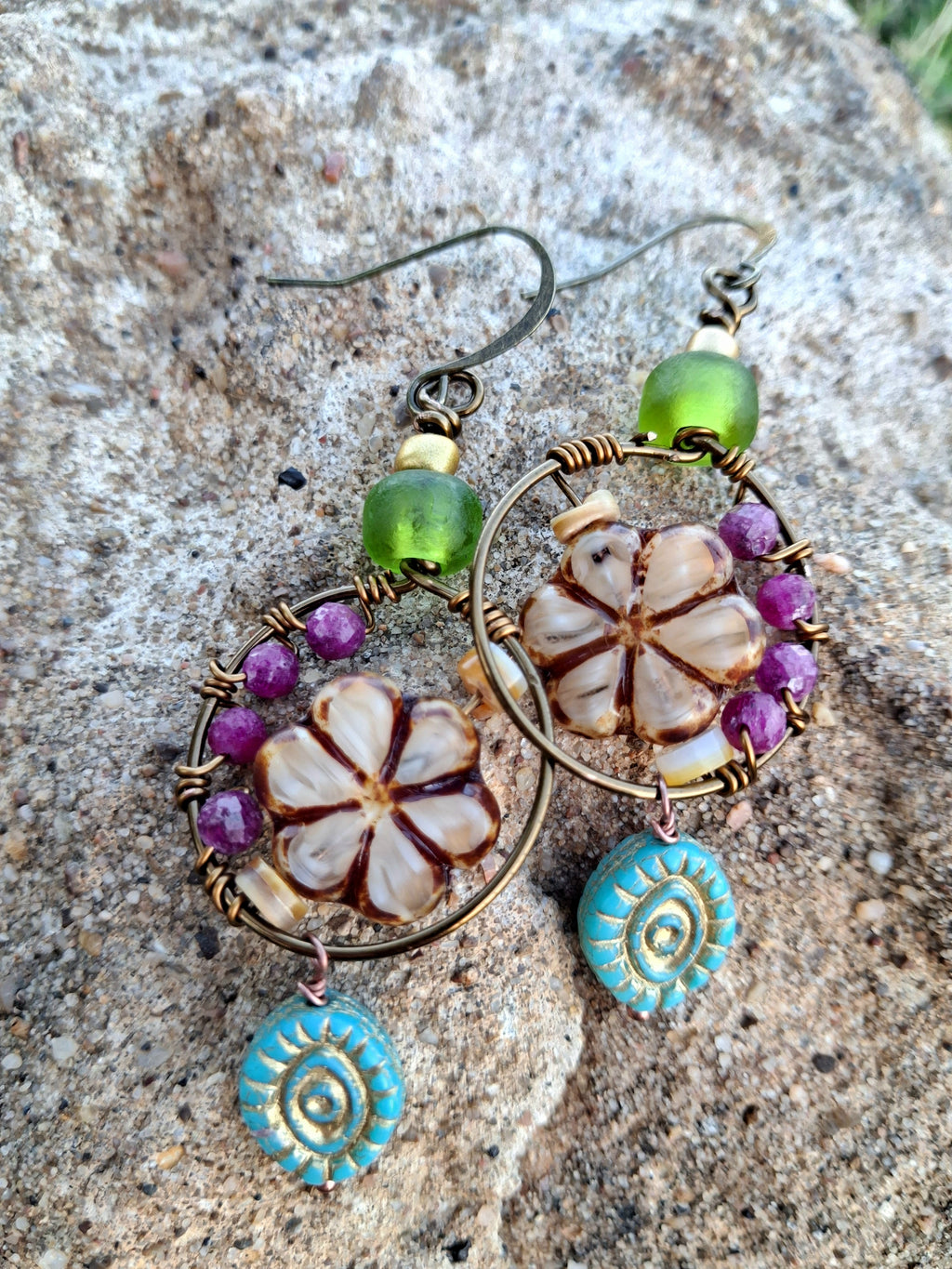Red Ruby & Turquoise Beaded Hydrangea Boho Dangle Earrings